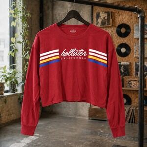 Hollister California Red Long Sleeve Crop Top Retro Stripe Graphic Size L